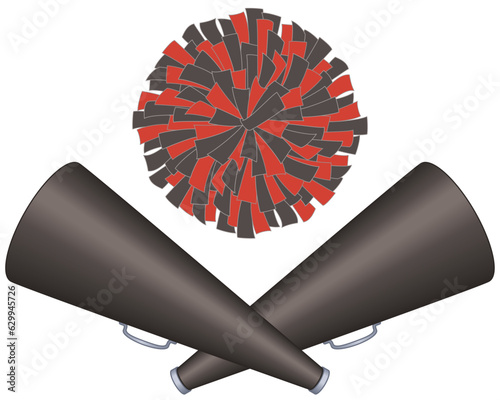 cheerleading, two black megaphones crossed with pom-pom isolated on white background
