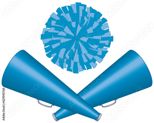 cheerleading, two blue megaphones crossed with pom-pom isolated on white background