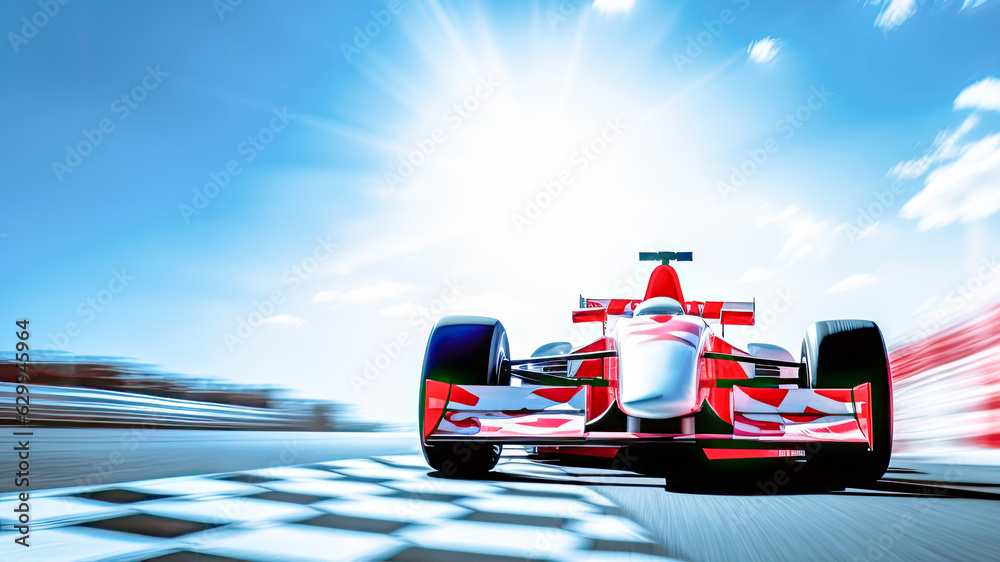 Racing sport banner with Red race car on sunny blue sky background. Kart crossing the finish line. Banner size, copy space - obrazy, fototapety, plakaty 
