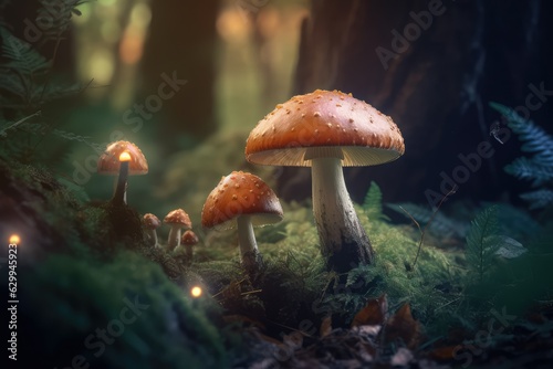 Fantasy enchanted fairy tale forest with magical Mushrooms, generated by AI