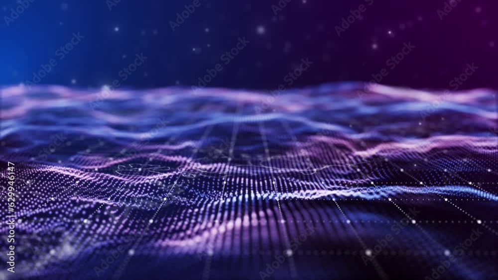 Futuristic flying over 3D blue digital landscape mountain terrain abstract technology background.