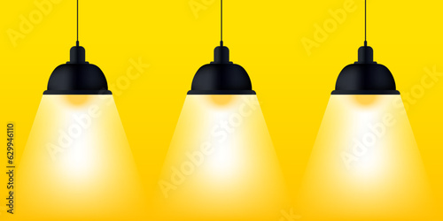 Lamps office yellow bright, business faq invention, spotlight icon, light symbol. Illuminated lamp advertising poster space for text. Banner spotlight background. Retro spotlight. Vector illustration