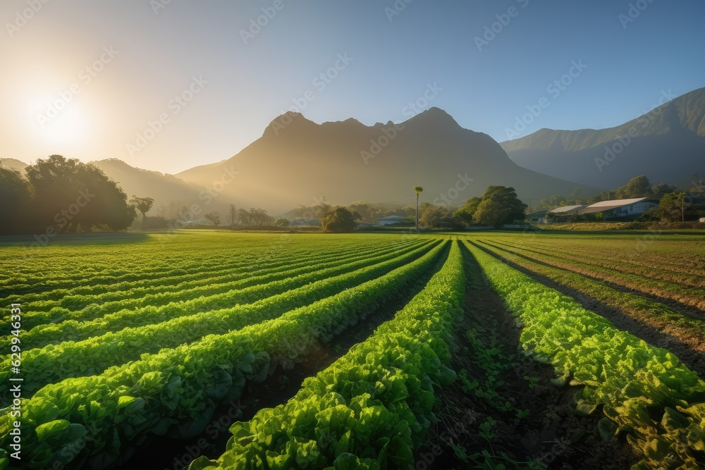 Field of organic lettuce growing in a sustainable farm, generated with AI