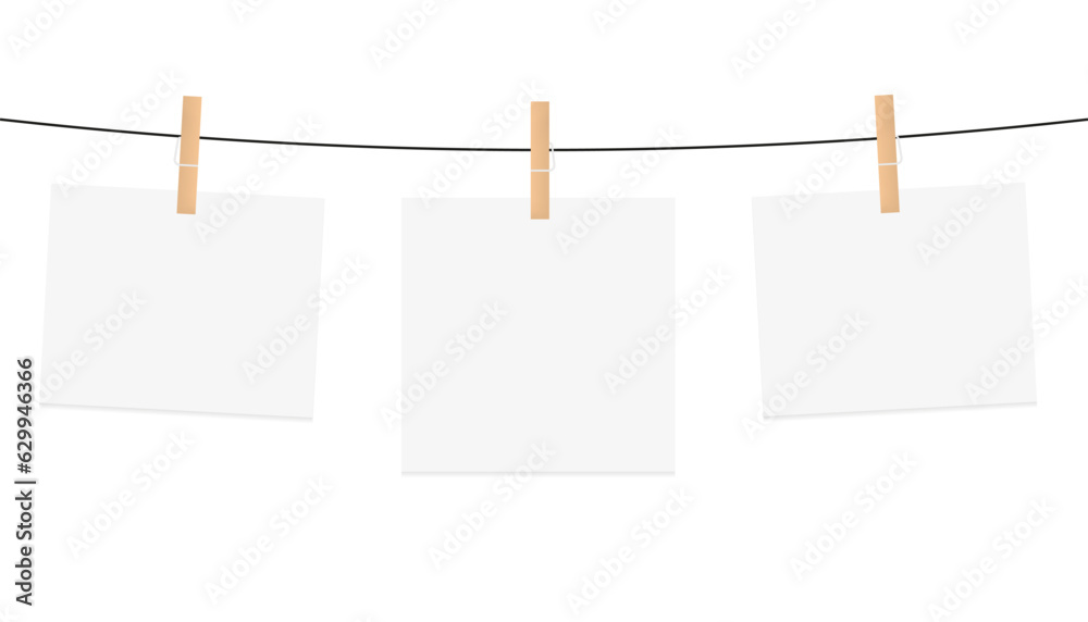 White color note paper card hanging with wooden clip or clothespin on ropes. Mockup rope clothespins. Isolated on white background. Vector illustration White color note paper card hanging with wooden clip or clothespin on ropes. Mockup rope clothespins. Isolated on white background. Vector illustration