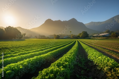 Field of organic lettuce growing in a sustainable farm, generated with AI