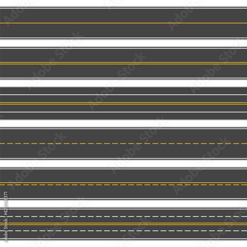 Asphalt road. Seamless straight highway with line. Street, roadway for car with yellow, white strips. Construction of track with lanes for direction. Ways of traffic. Vector illustration