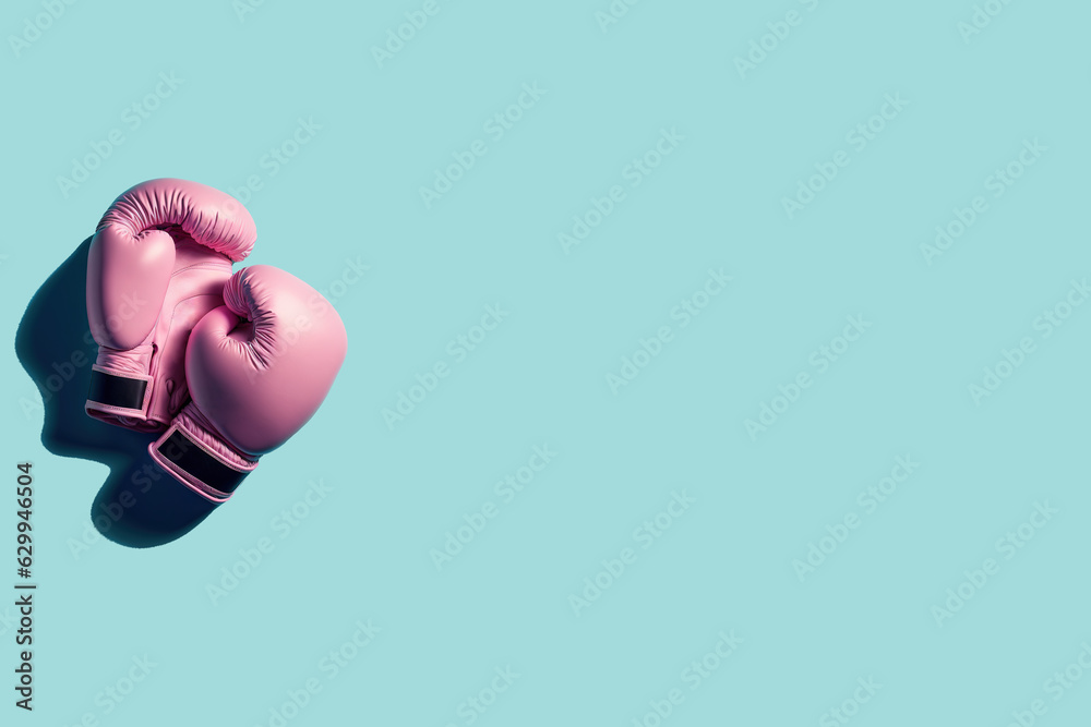 Pink boxing gloves, on the left side, on turquoise blue background. Concept of boxing, sport, combat, fight, training, effort, strength, changeability and sportsmanship. AI generated image.