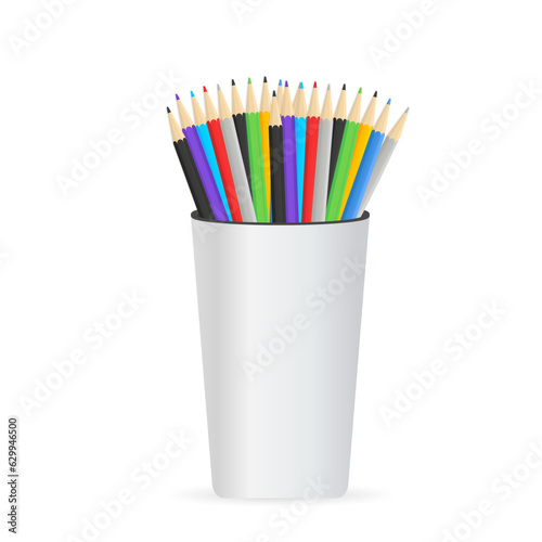 Vector realistic blank plastic cup-stand with a set of colored pencils , stands upright in a glass. Design template, icon, clipart or mockup for graphics - web, app. Front view. Vector illustration