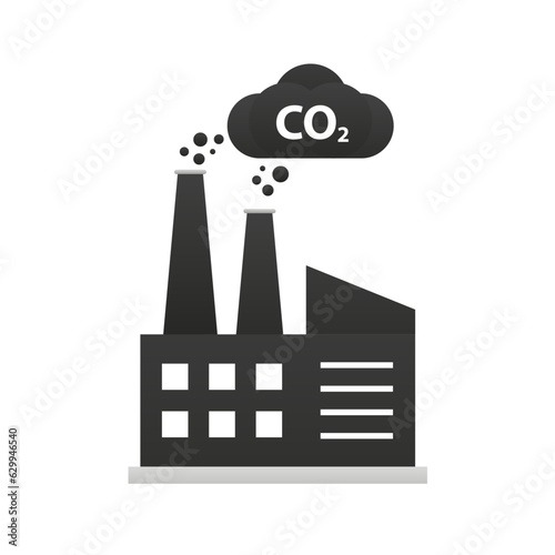 Factory silhouette with chimney, polluting CO2 cloud smoke vector isolated on white, production of CO2 dioxide from factory symbol, black factory shape. Vector illustration