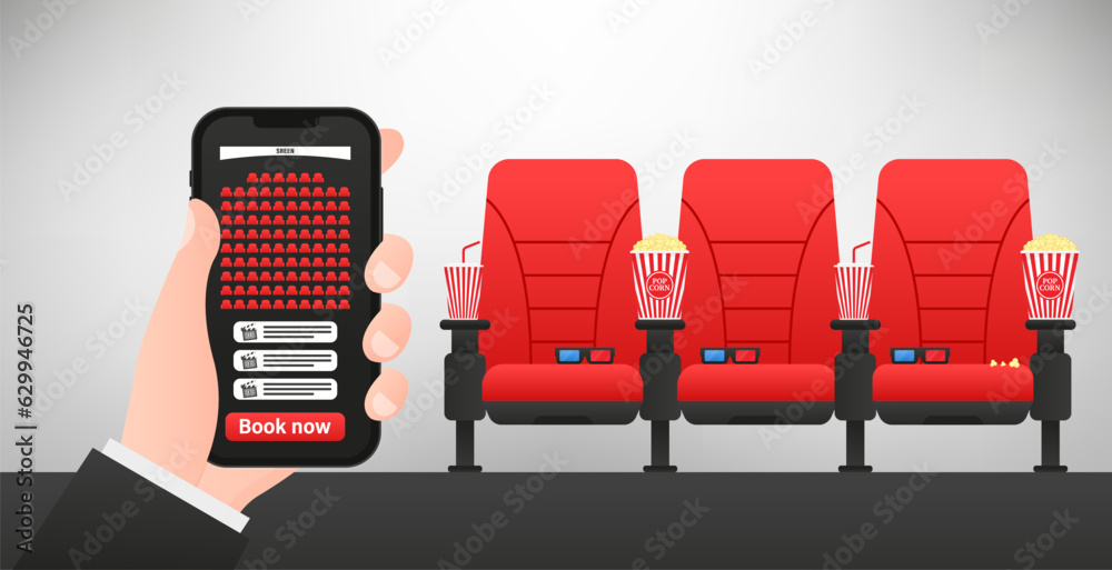 Cinema seats booking. Movie tickets online booking on smartphone app