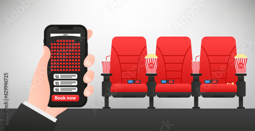 Cinema seats booking. Movie tickets online booking on smartphone app: hand holding a mobile phone and buying a ticket, cinema seats in the background. Vector illustration
