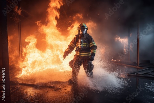 fireman using water and extinguisher to fighting with fiames, AI photo