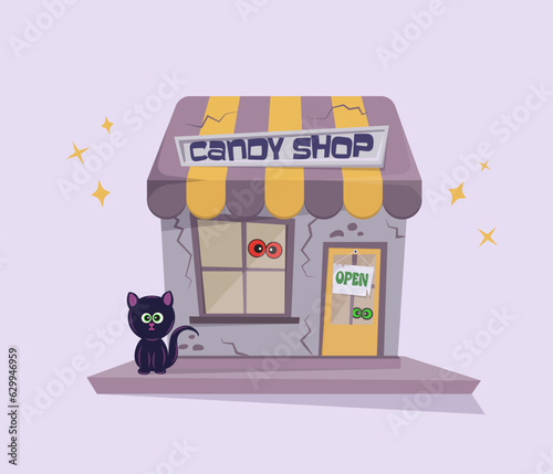 Halloween cartoon candy shop with black cat and monster eyes