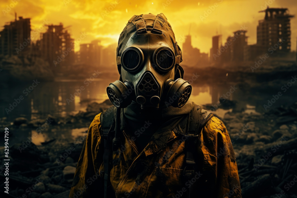Man in the city after a nuclear war. Generative AI Man in the city after a nuclear war. Generative AI