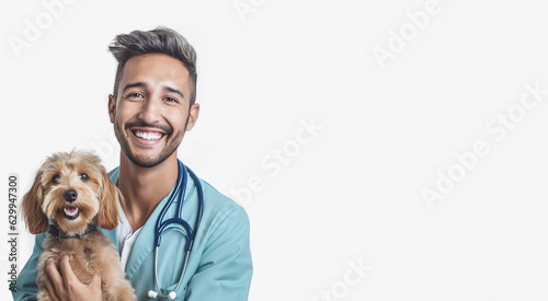 Veterinarian doctor and dog in a veterinary clinic on white background. Medicine, pet care, health care. Veterinary care. Veterinary medicine concept. Pedigree dogs.