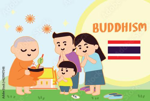 People make merit offerings to monks in cartoon style painted flat - Thai flag.