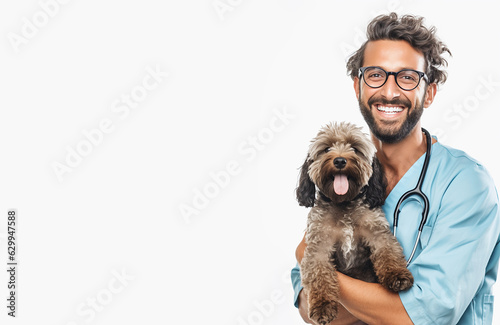 Foto Veterinarian doctor and dog in a veterinary clinic on white background
