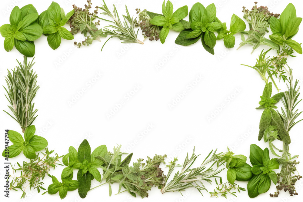 A plain white sheet of paper bordered by a variety of green herb leaves and sprigs A plain white sheet of paper bordered by a variety of green herb leaves and sprigs