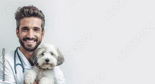 Photographie Veterinarian doctor and dog in a veterinary clinic on white background