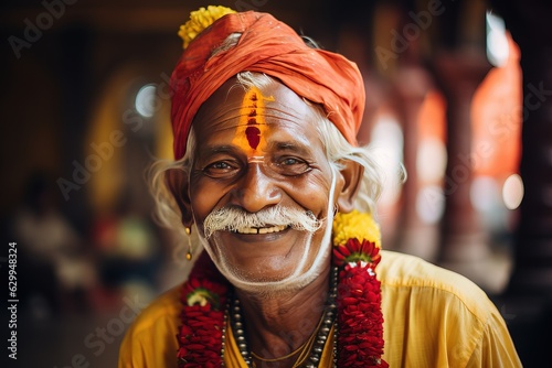 Close-up portrait of a smiling elder Indian man. An elder man in a traditional Hindu dress and jewelry looking at camera.