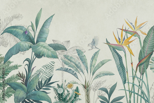 tropical-plants-wallpaper-design-jungle-background-big-leaf-and-bird-back-yard-landscape-mural-art