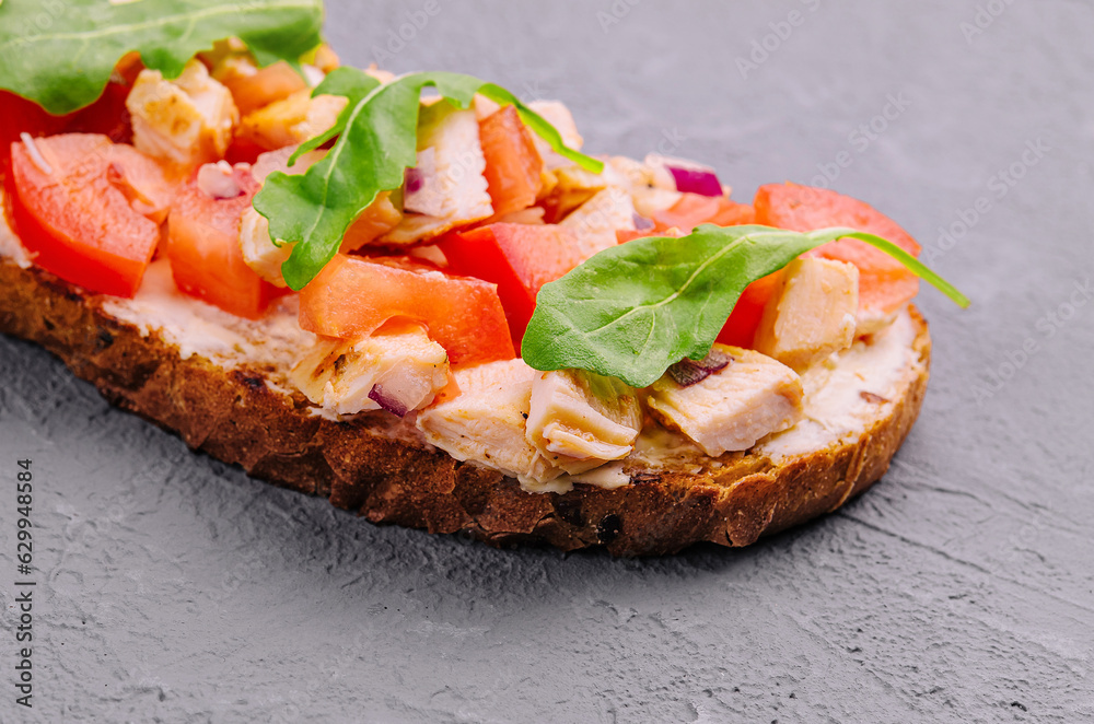 Italian antipasti bruschetta with grilled chicken Italian antipasti bruschetta with grilled chicken