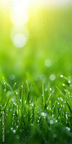 vertical image of Green grass blades covered in dew in morning sunlight, Generative AI illustration