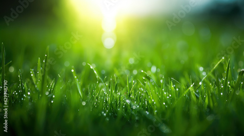 Close up of green grass blades with dew in morning sunlight, Generative AI illustration