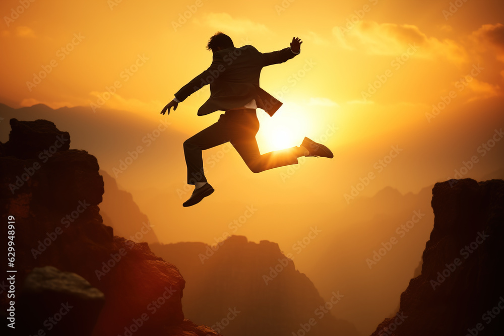 Reaching goals concept with Man in business suit jumping from cliff top to other side. Generative AI illustration