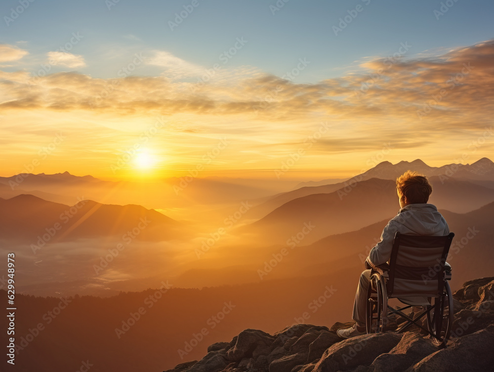 Young disabled kid in wheelchair admiring the beautiful sunset from mountain top, Generative AI illustration,