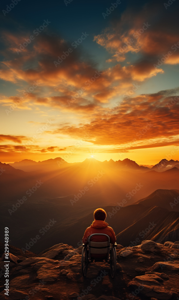 Overcoming the impossible concept, Disabled child in wheelchair admiring the sunset from mountain top, Generative AI illustration