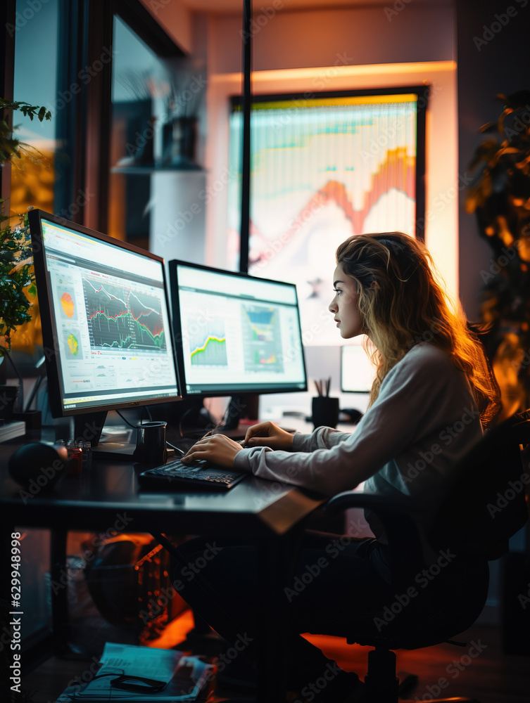 Young analyst woman working from home in front of displays showing market graphs, Generative AI illustration Young analyst woman working from home in front of displays showing market graphs, Generative AI illustration