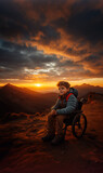 Overcoming obstacles and reaching your goal concept with young child in wheelchair standing on mountain top at sunset. Generative AI illustration