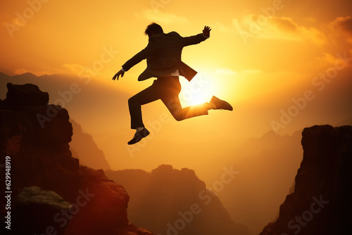 Wallpaper Mural Reaching goals concept with Man in business suit jumping from cliff top to other side. Generative AI illustration Torontodigital.ca