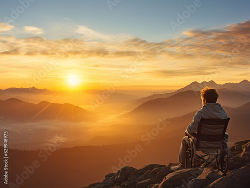 Young disabled kid in wheelchair admiring the beautiful sunset from mountain top, Generative AI illustration,