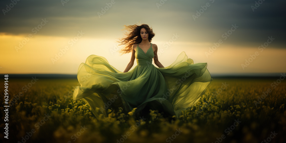 Stunning woman in green fluttering dress walking in green field. Generative AI illustration