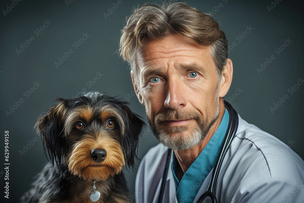 Veterinarian doctor and dog in a veterinary clinic on grey background. Medicine, pet care, health care. Veterinary care. Veterinary medicine concept. Pedigree dogs. Veterinarian doctor and dog in a veterinary clinic on grey background. Medicine, pet care, health care. Veterinary care. Veterinary medicine concept. Pedigree dogs.
