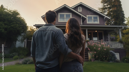 Young couple standing in embrace in front of their new house, Generative AI illustration