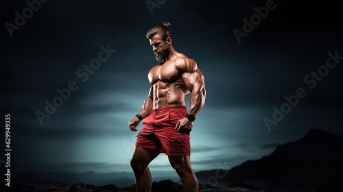Profile view of Shirtless muscular man posing outdoor, Generative A Illustration