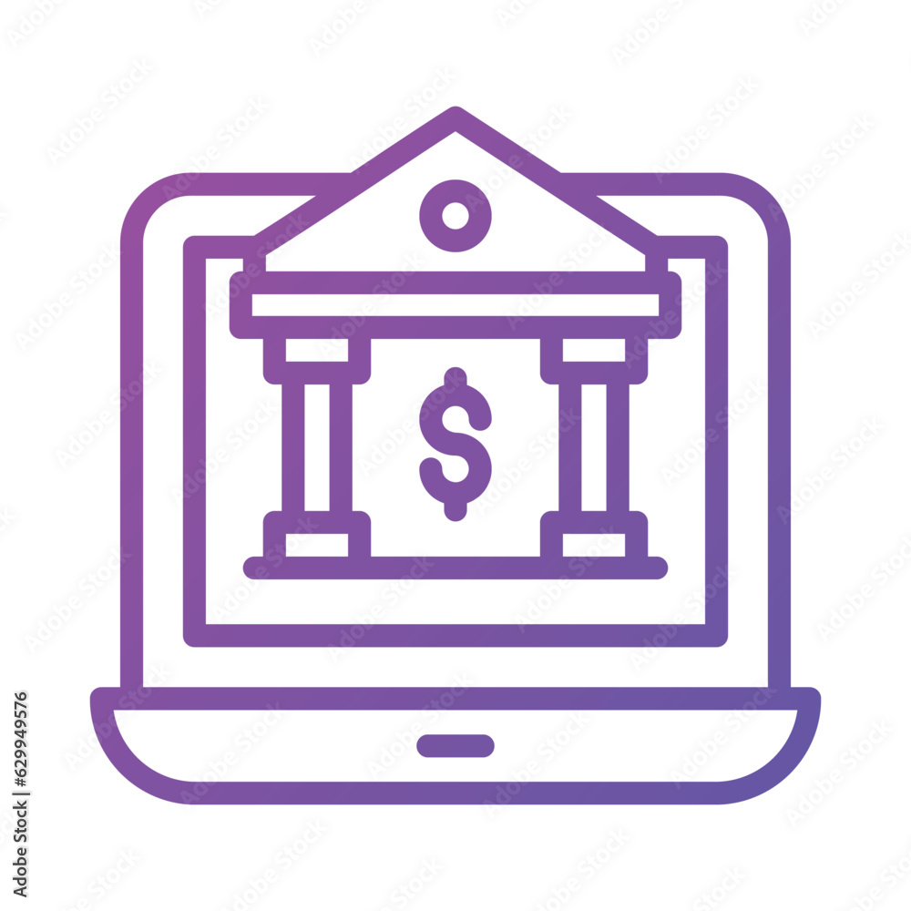 Bank building with laptop depicting bank website or online banking concept icon Bank building with laptop depicting bank website or online banking concept icon