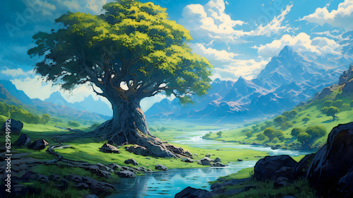 Tranquil Waters: A Digital Fantasy of Lush Green Fields photo