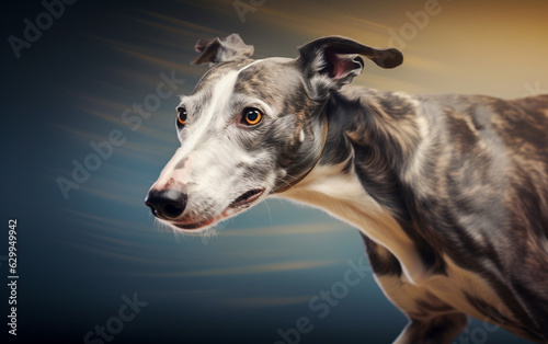 A greyhound runs fast  the background has motion blur