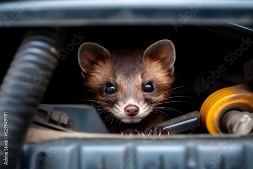 Marder sitzt im Motorraum eines Autos photo
