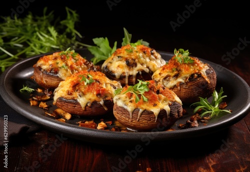 Stuffed mushrooms caps  with cream cheese  breadcrumbs and parmesan  traditional Italian food  isolated on black background