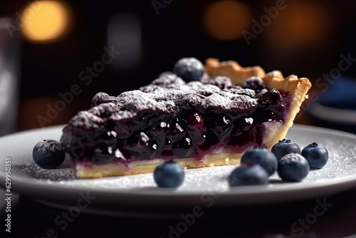 Blueberry pie slice on a plate. Restaurant serving menu. Generative AI.