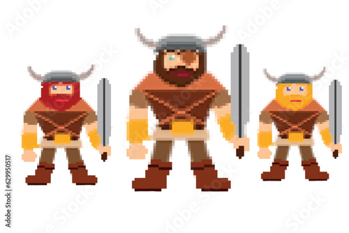 Pixel Art: A group of three vikings with swords.