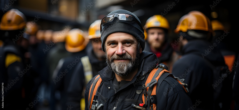 Engineer at construction site wearing safety helmet Confident engineer looking at camera with team behind Generative AI Engineer at construction site wearing safety helmet Confident engineer looking at camera with team behind Generative AI