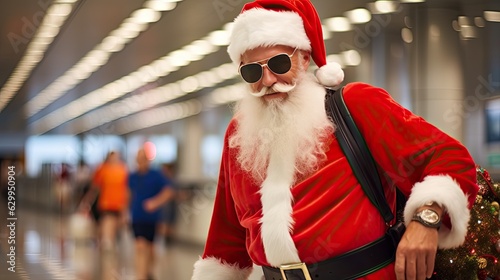 Santa Claus in sunglasses is going on vacation. Santa in the airport terminal waiting for his flight to warm countries.