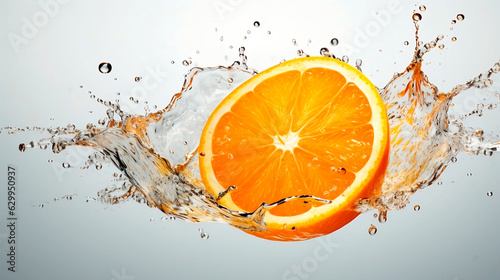 Fresh orange slice with water splash isolated on white background with copy space for text. Citrus fruit