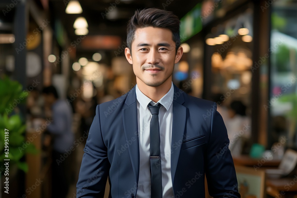 Asian successful businessman looking at camera smiling with cityscape background